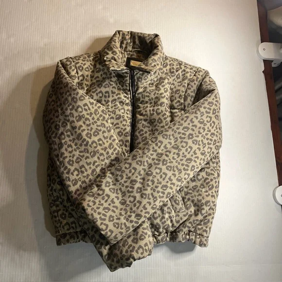 Jou Jou Leopard Print Puffer Jacket in Tan and Black - Picture 1 of 6